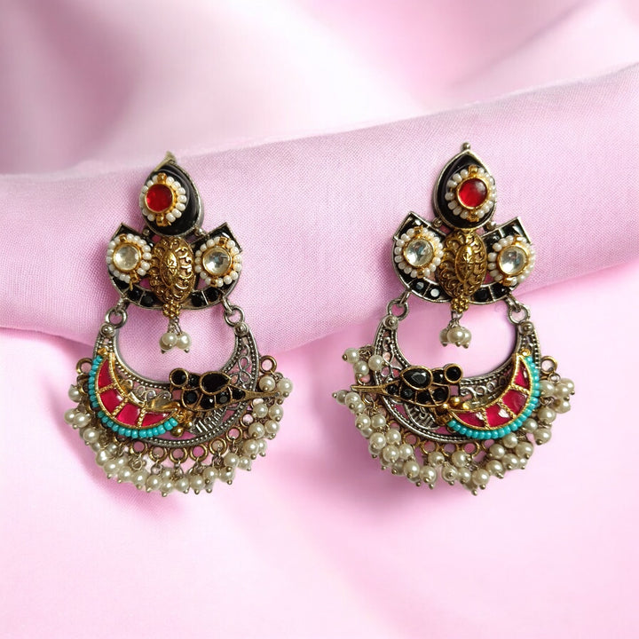 TELANAARI ELEGANT ADITI DUAL TONE FUSHION PACHI KUNDAN SILVER PLATED EARRINGS [product_variant]