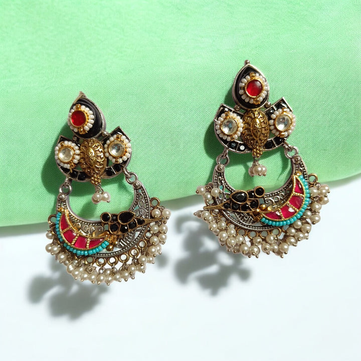 TELANAARI ELEGANT ADITI DUAL TONE FUSHION PACHI KUNDAN SILVER PLATED EARRINGS [product_variant]