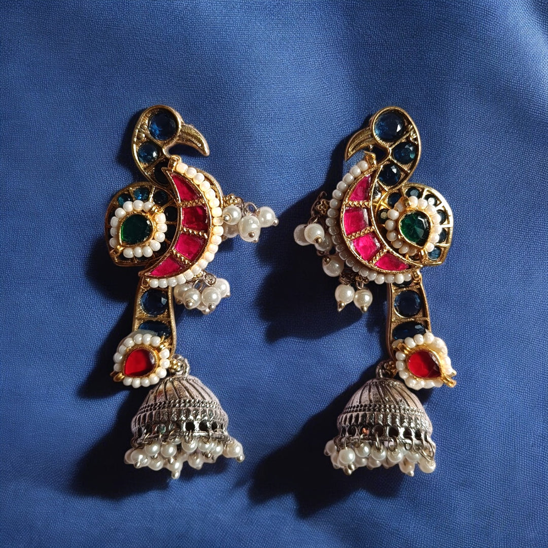 TELANAARI ELEGANT ANJANA DUAL TONE FUSHION PACHI KUNDAN SILVER PLATED EARRINGS [product_variant]