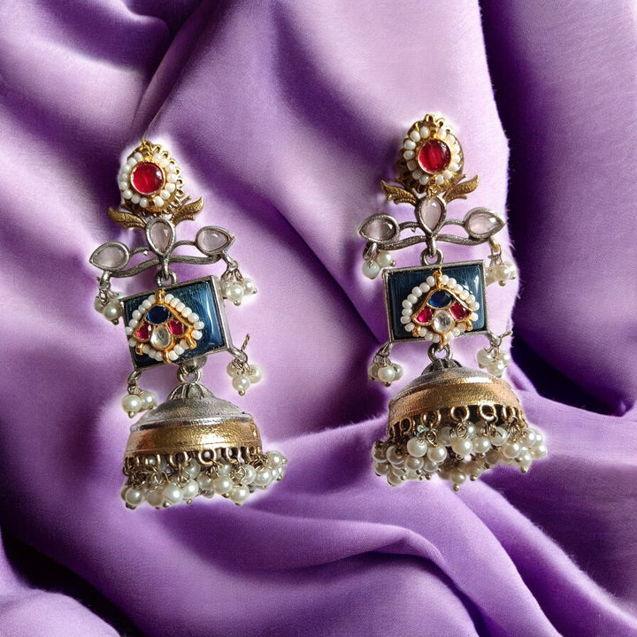 TELANAARI ELEGANT KARISHMA DUAL TONE FUSHION PACHI KUNDAN SILVER PLATED EARRINGS [product_variant]