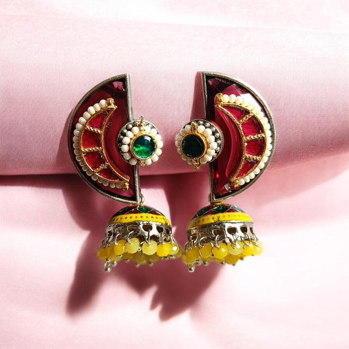 TELANAARI ELEGANT TANDRIMA DUAL TONE FUSHION PACHI KUNDAN SILVER PLATED EARRINGS [product_variant]