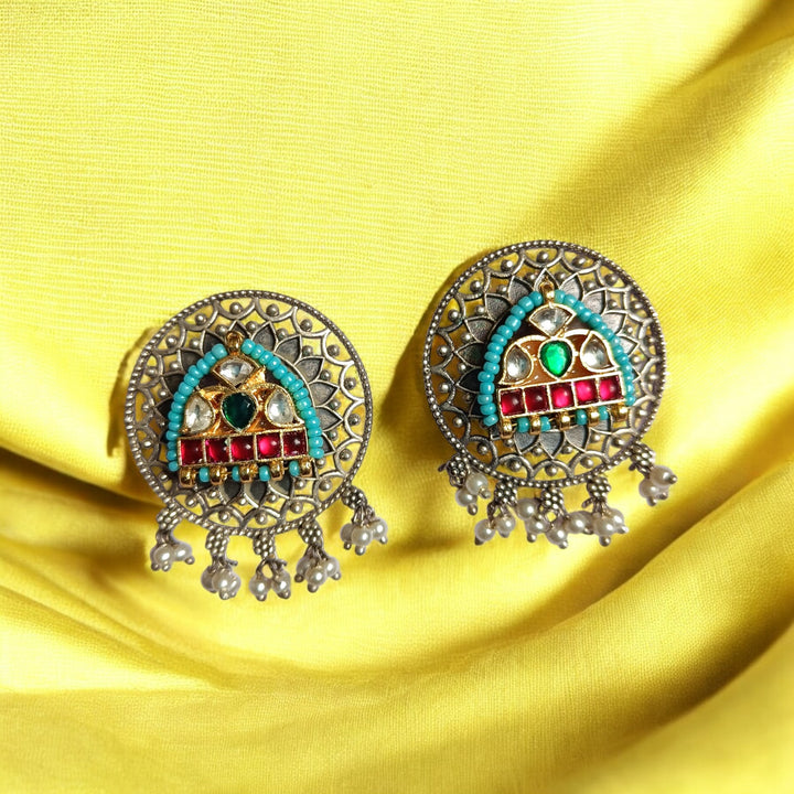 TELANAARI ELEGANT ANURADHA DUAL TONE FUSHION PACHI KUNDAN SILVER PLATED EARRINGS [product_variant]