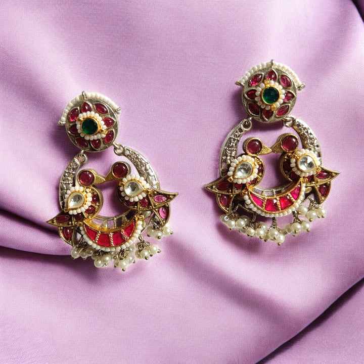 TELANAARI ELEGANT ANITA DUAL TONE FUSHION PACHI KUNDAN SILVER PLATED EARRINGS [product_variant]