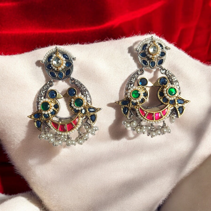 TELANAARI ELEGANT ANITA DUAL TONE FUSHION PACHI KUNDAN SILVER PLATED EARRINGS [product_variant]