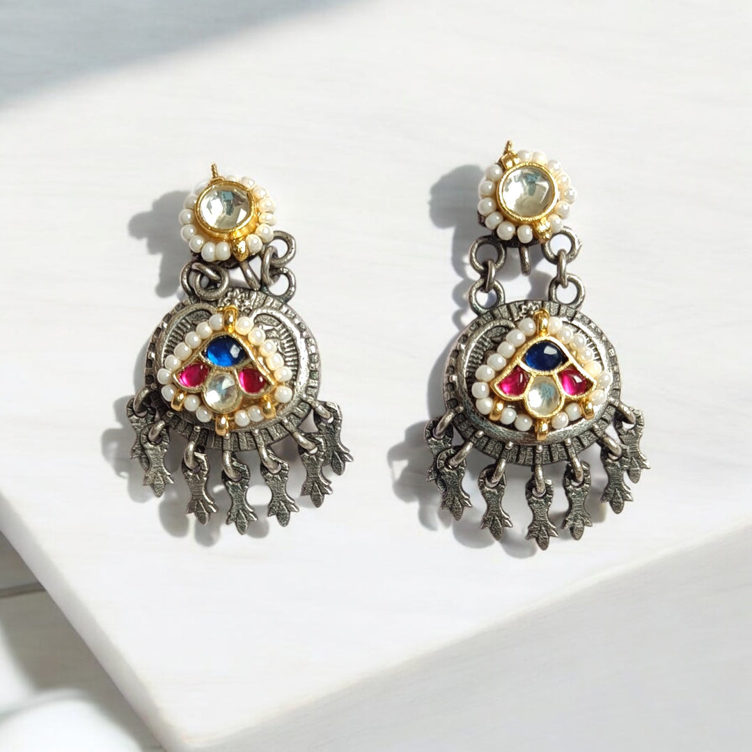 TELANAARI ELEGANT DEBOPRIYA DUAL TONE FUSHION PACHI KUNDAN SILVER PLATED EARRINGS [product_variant]