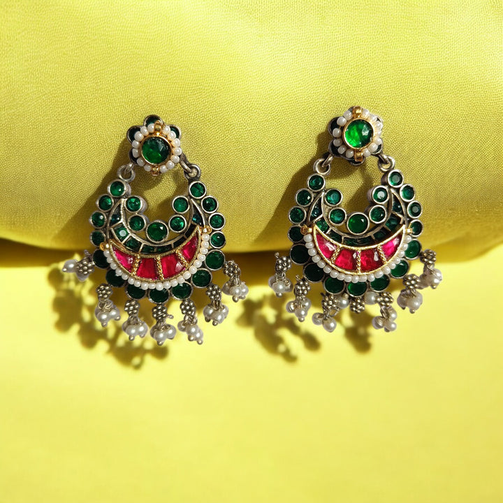 TELANAARI ELEGANT MEGHA DUAL TONE FUSHION PACHI KUNDAN SILVER PLATED EARRINGS [product_variant]