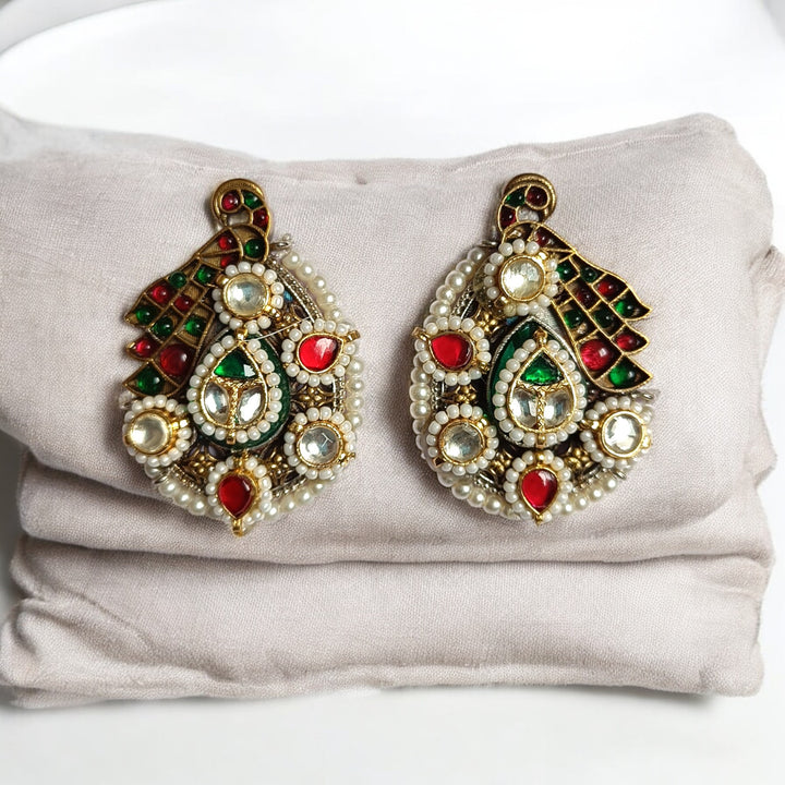 TELANAARI ELEGANT ALKA DUAL TONE FUSHION PACHI KUNDAN SILVER PLATED EARRINGS [product_variant]