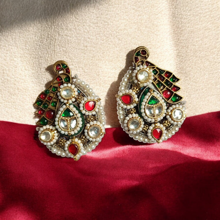 TELANAARI ELEGANT ALKA DUAL TONE FUSHION PACHI KUNDAN SILVER PLATED EARRINGS [product_variant]