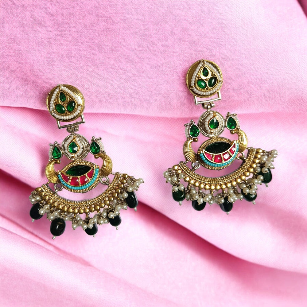 TELANAARI ELEGANT MEERA DUAL TONE FUSHION PACHI KUNDAN SILVER PLATED EARRINGS