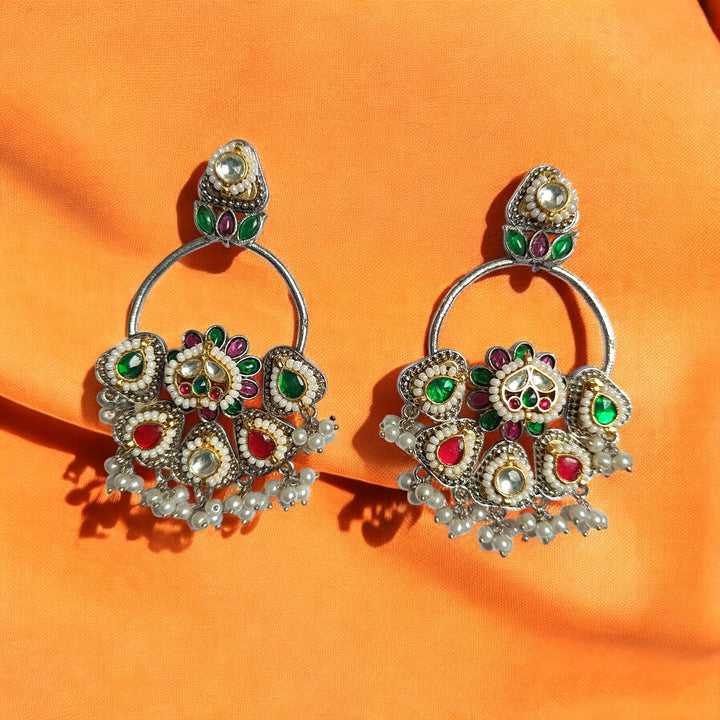 TELANAARI ELEGANT MANISHA DUAL TONE FUSHION PACHI KUNDAN SILVER PLATED EARRINGS [product_variant]