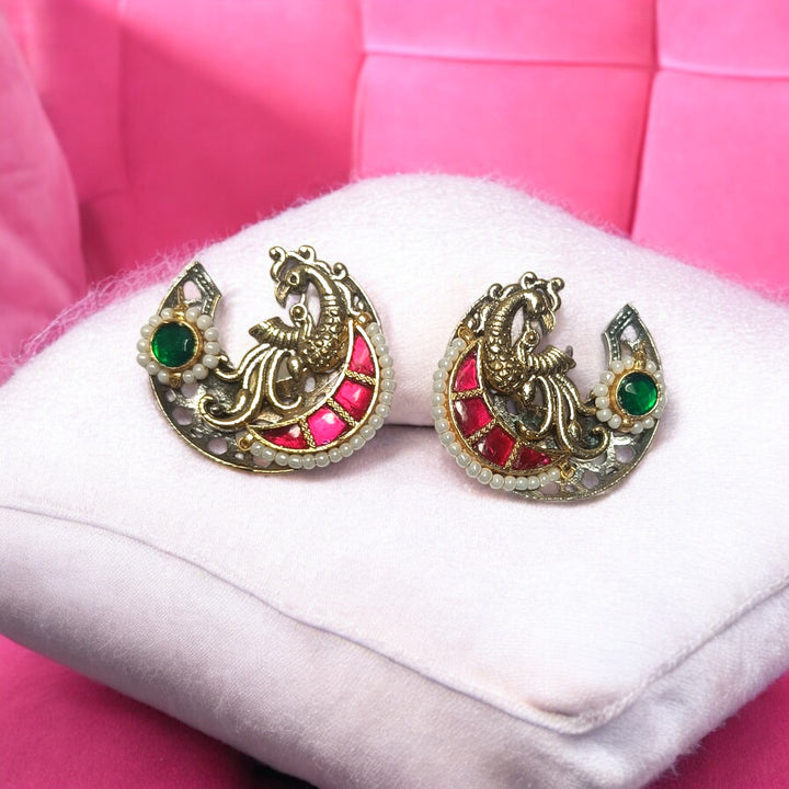 TELANAARI ELEGANT ARTI DUAL TONE FUSHION PACHI KUNDAN SILVER PLATED EARRINGS [product_variant]