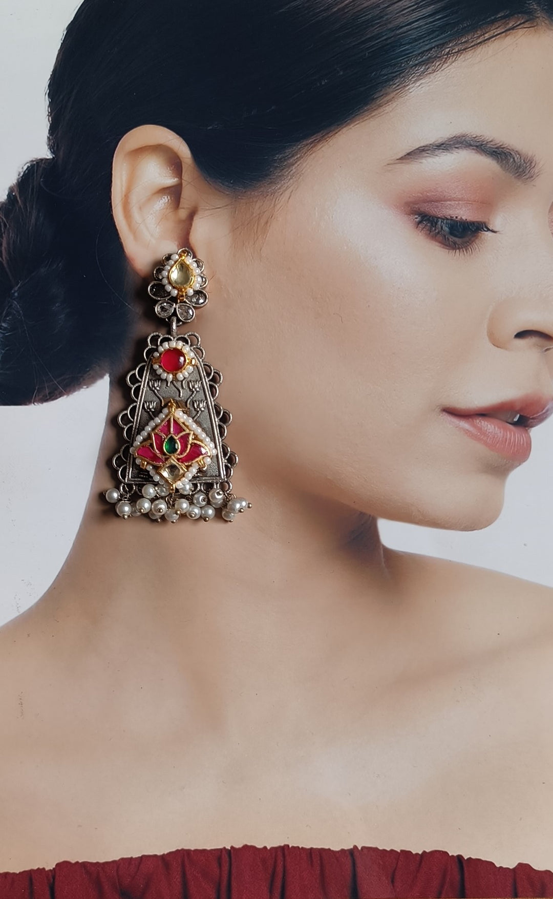 TELANAARI ELEGANT RENU DUAL TONE FUSHION PACHI KUNDAN SILVER PLATED EARRINGS [product_variant]