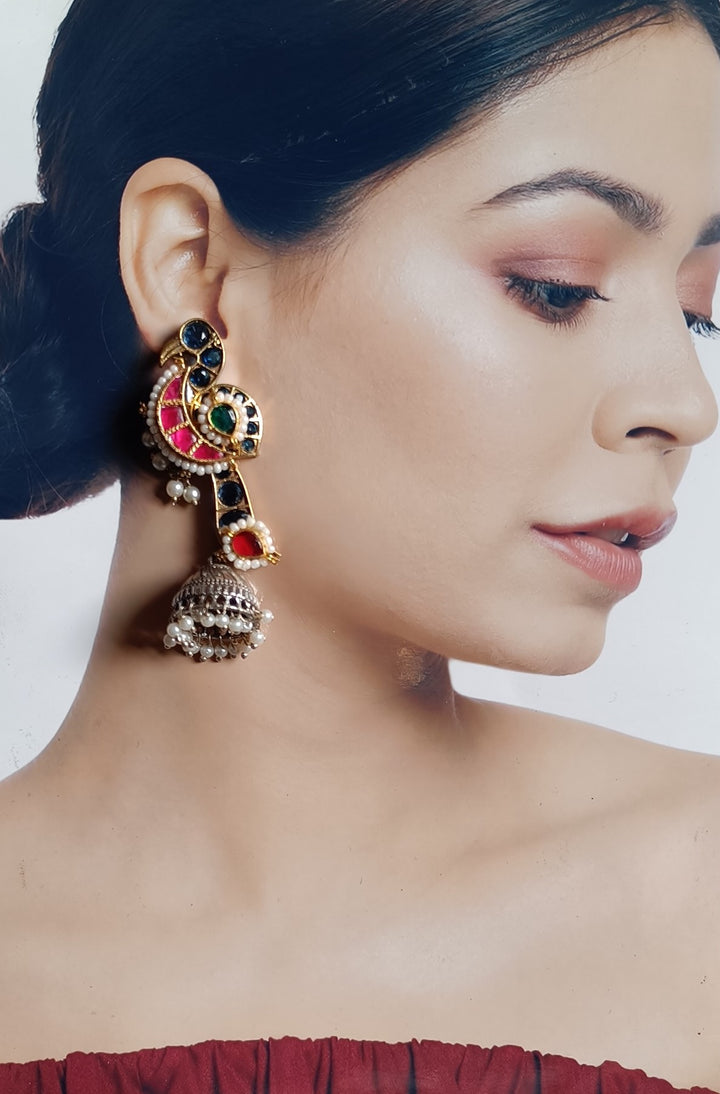 TELANAARI ELEGANT ANJANA DUAL TONE FUSHION PACHI KUNDAN SILVER PLATED EARRINGS [product_variant]