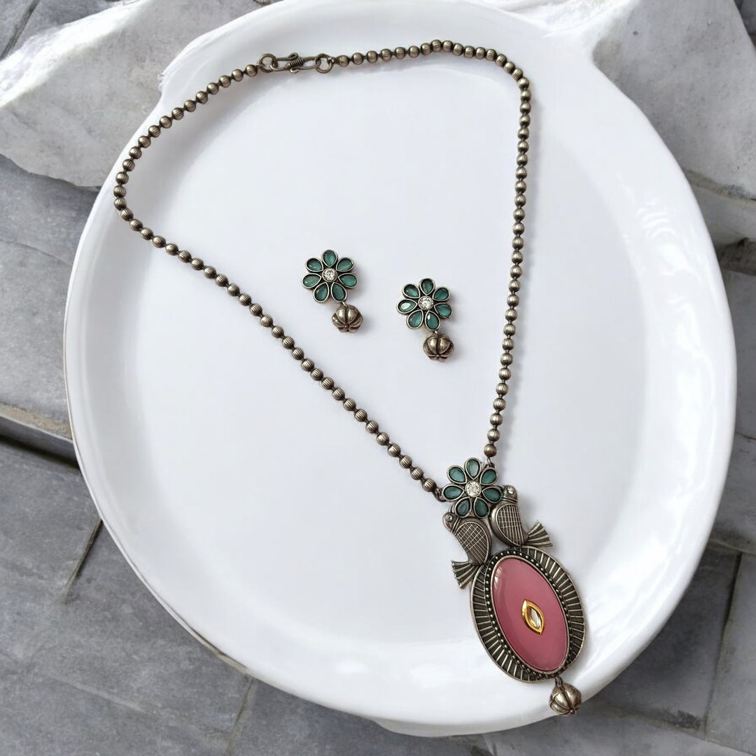 TELANAARI CLASSIC MEENA SILVER-PLATED PINK SEA GREEN NECKLACE SET [product_variant]