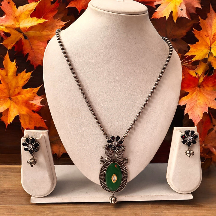 TELANAARI CLASSIC LAXMI SILVER-PLATED LIGHT GREEN NECKLACE SET [product_variant]