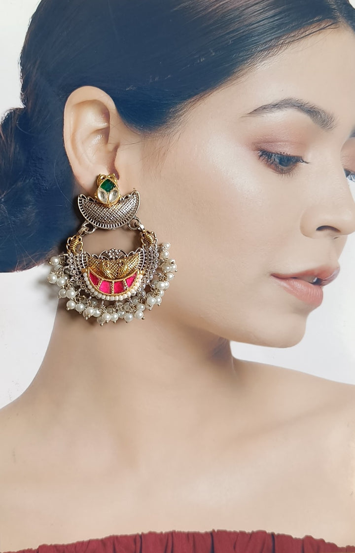 TELANAARI ELEGANT DEVANSHI DUAL TONE FUSHION PACHI KUNDAN SILVER PLATED EARRINGS [product_variant]