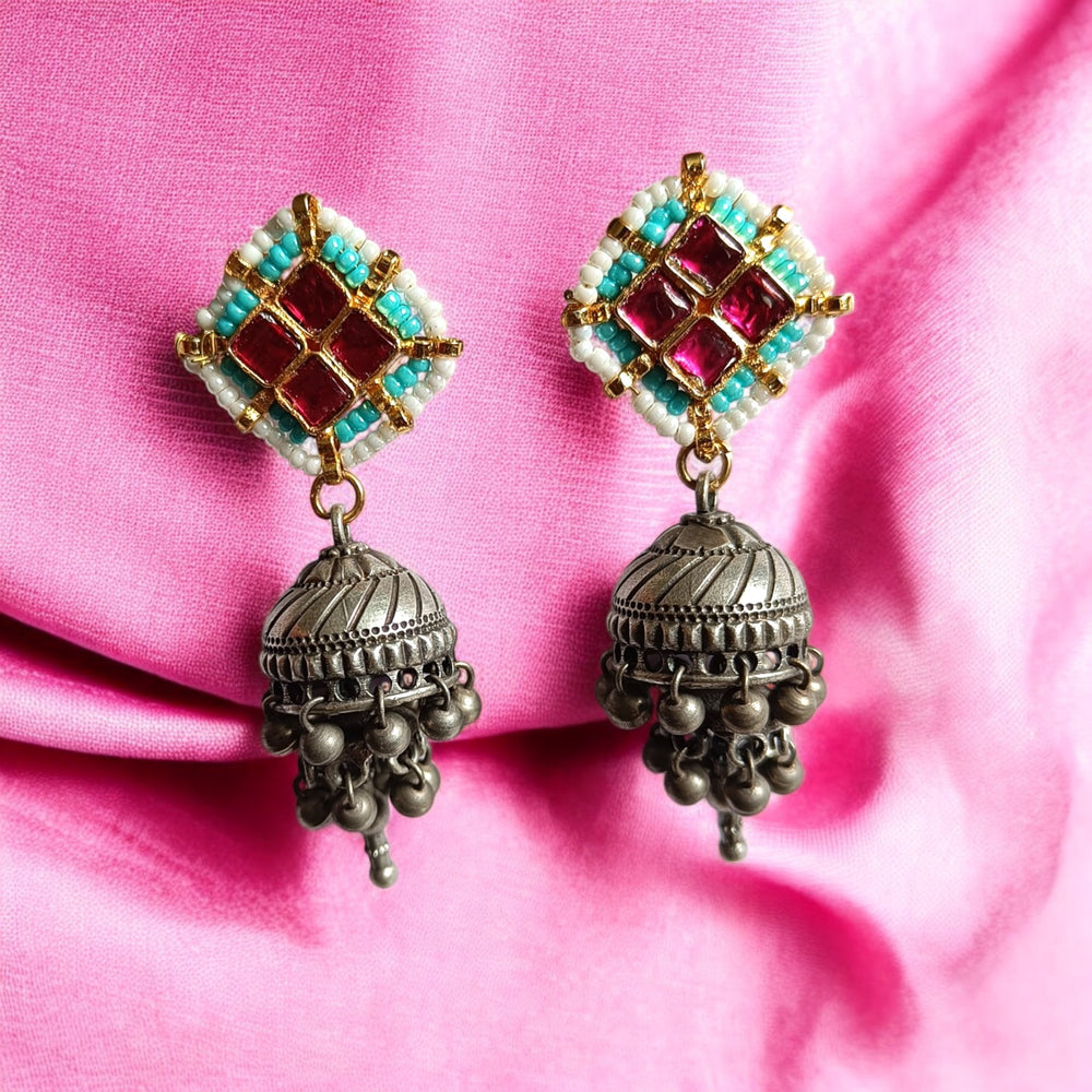 TELANAARI ELEGANT AVNTI DUAL TONE FUSHION PACHI KUNDAN SILVER PLATED EARRINGS