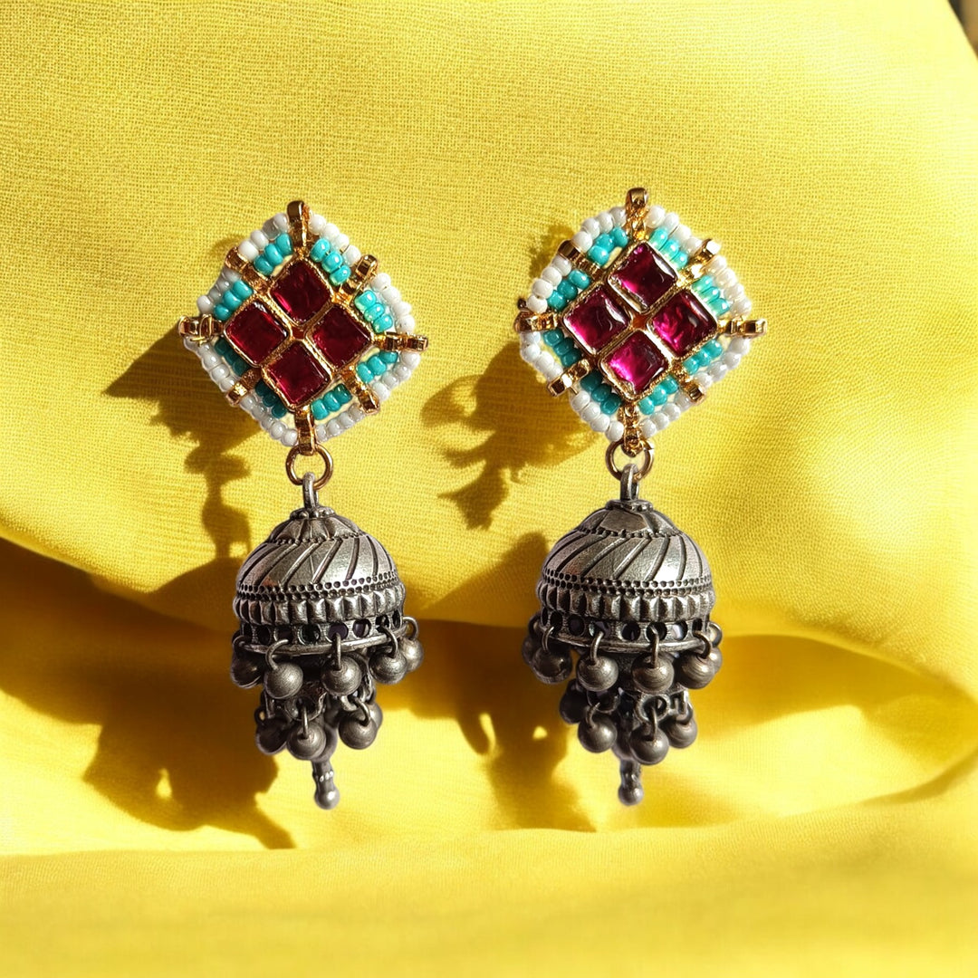 TELANAARI ELEGANT AVNTI DUAL TONE FUSHION PACHI KUNDAN SILVER PLATED EARRINGS