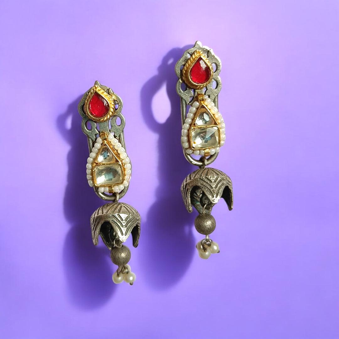 TELANAARI ELEGANT CHITALI DUAL TONE FUSHION PACHI KUNDAN SILVER PLATED EARRINGS [product_variant]