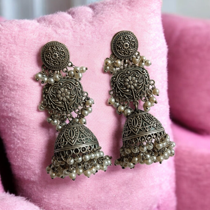 ELEGANT ANTIQUE SOWJANYA SILVER PLATED JHUMKI EARRINGS [product_variant]- TelaNaari