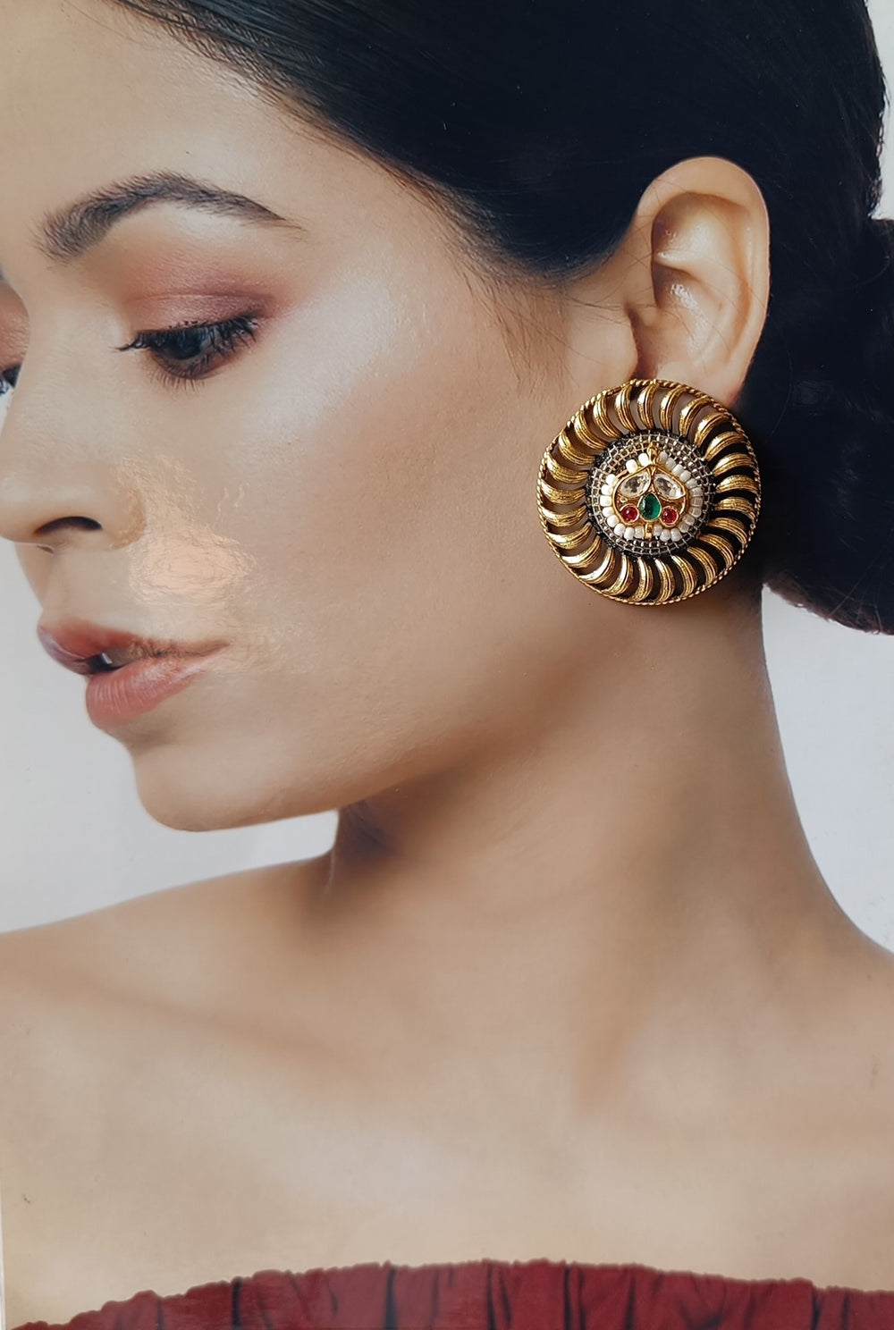 ELEGANT NRITYA DUAL TONE PACHI KUNDAN FUSHION SILVER PLATED STUD EARRINGS