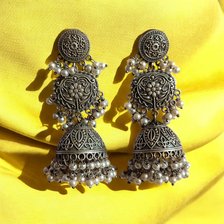 ELEGANT ANTIQUE SOWJANYA SILVER PLATED JHUMKI EARRINGS [product_variant]- TelaNaari