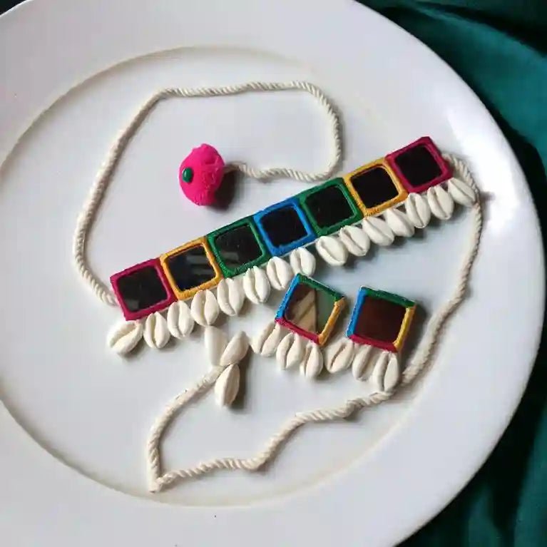 HANDCRAFTED MIRROR CHOKER MULTICOLOUR NECKLACE ALIA WITH EARRINGS [product_variant]- TelaNaari