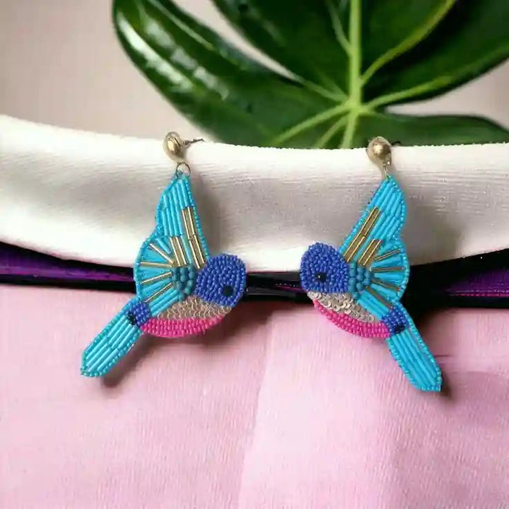 HANDMADE CONTEMPORARY BLUE BIRD BEADED EARRINGS