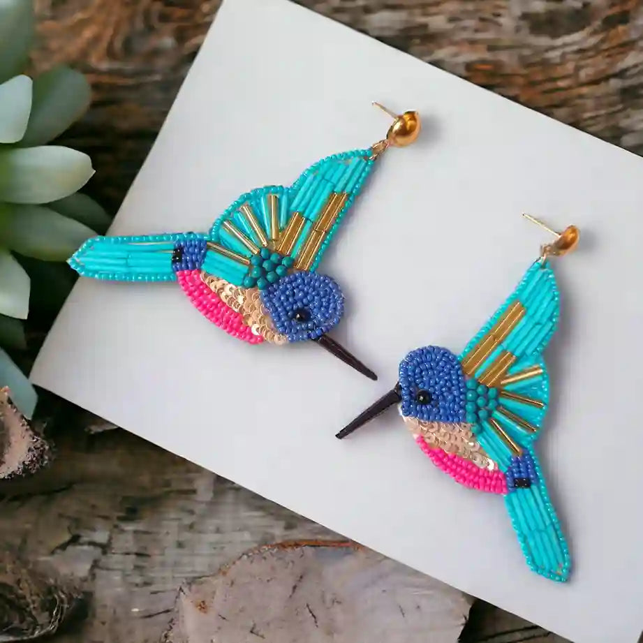 HANDMADE CONTEMPORARY BLUE BIRD BEADED EARRINGS