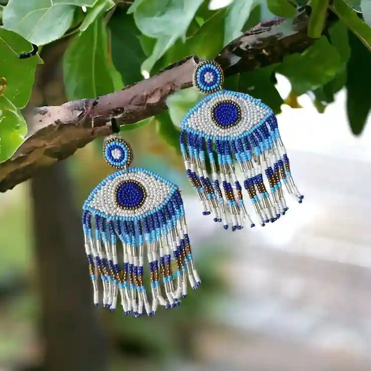 HANDMADE CONTEMPORARY BLUE EVIL EYE BEADED EARRINGS