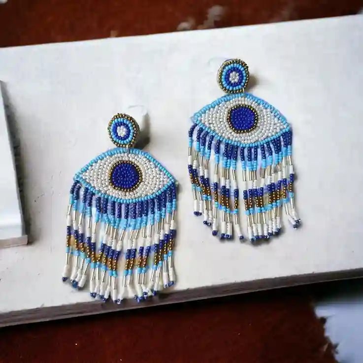 HANDMADE CONTEMPORARY BLUE EVIL EYE BEADED EARRINGS