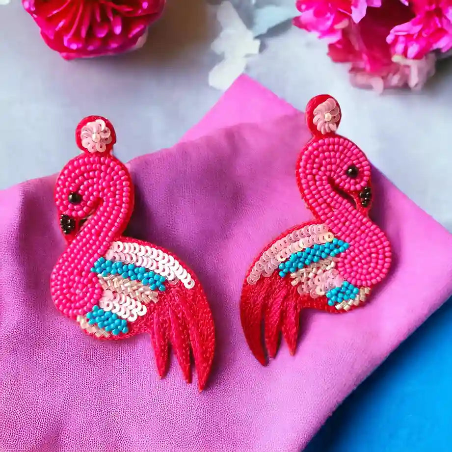 HANDMADE CONTEMPORARY FLAMINGO BEADED EARRINGS [product_variant]- TelaNaari