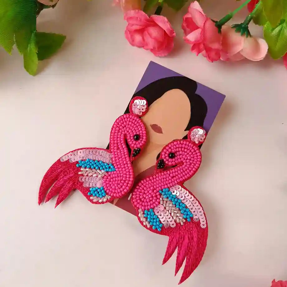 HANDMADE CONTEMPORARY FLAMINGO BEADED EARRINGS