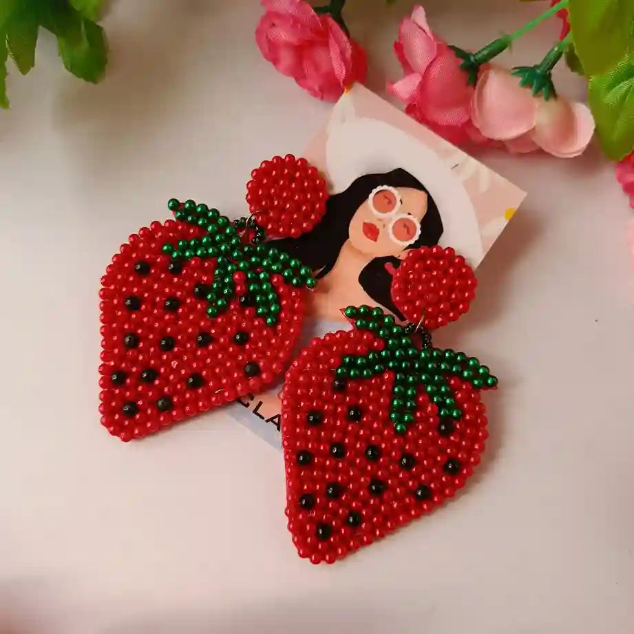 HANDMADE CONTEMPORARY STRAWBERRY BEADED EARRINGS