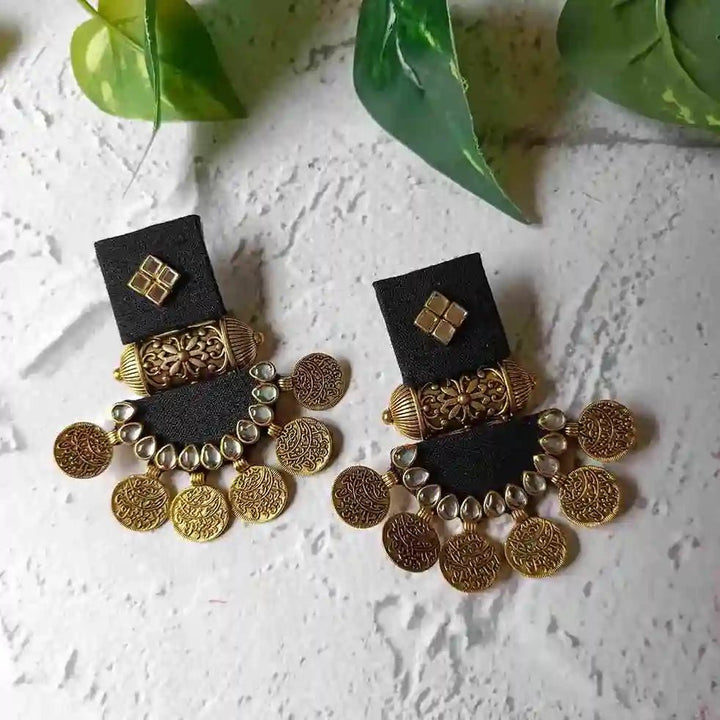 Telanaari Dove Handmade Black Fabric Earrings | Gold-Plated Statement Jewelry - TelaNaari