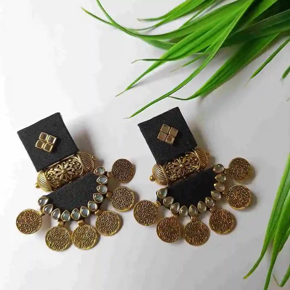 Telanaari Dove Handmade Black Fabric Earrings | Gold-Plated Statement Jewelry - TelaNaari