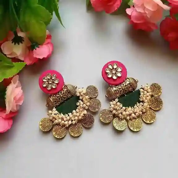 HANDMADE EARRINGS PINK AND DARK GREEN EVA [product_variant]- TelaNaari