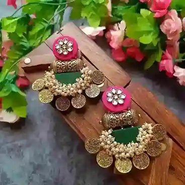 HANDMADE EARRINGS PINK AND DARK GREEN EVA