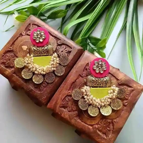 HANDMADE EARRINGS PINK AND YELLOW GREEN EVA [product_variant]- TelaNaari