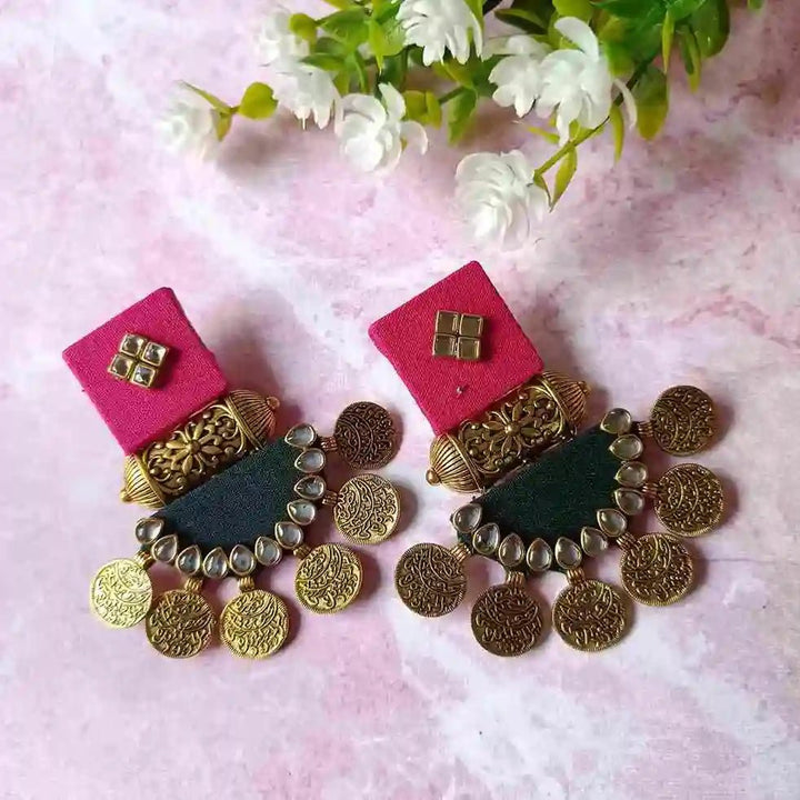 HANDMADE EARRINGS PINK & DARK GREEN DOVE [product_variant]- TelaNaari