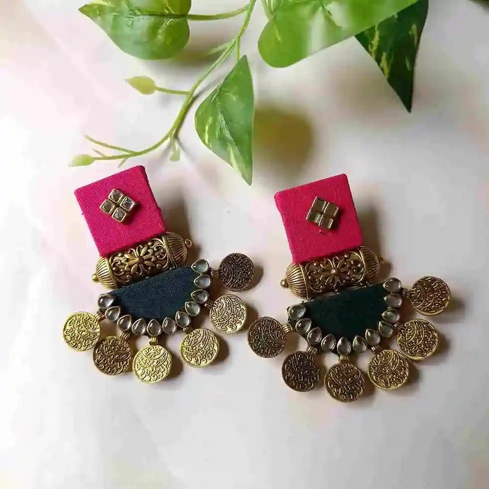 HANDMADE EARRINGS PINK & DARK GREEN DOVE