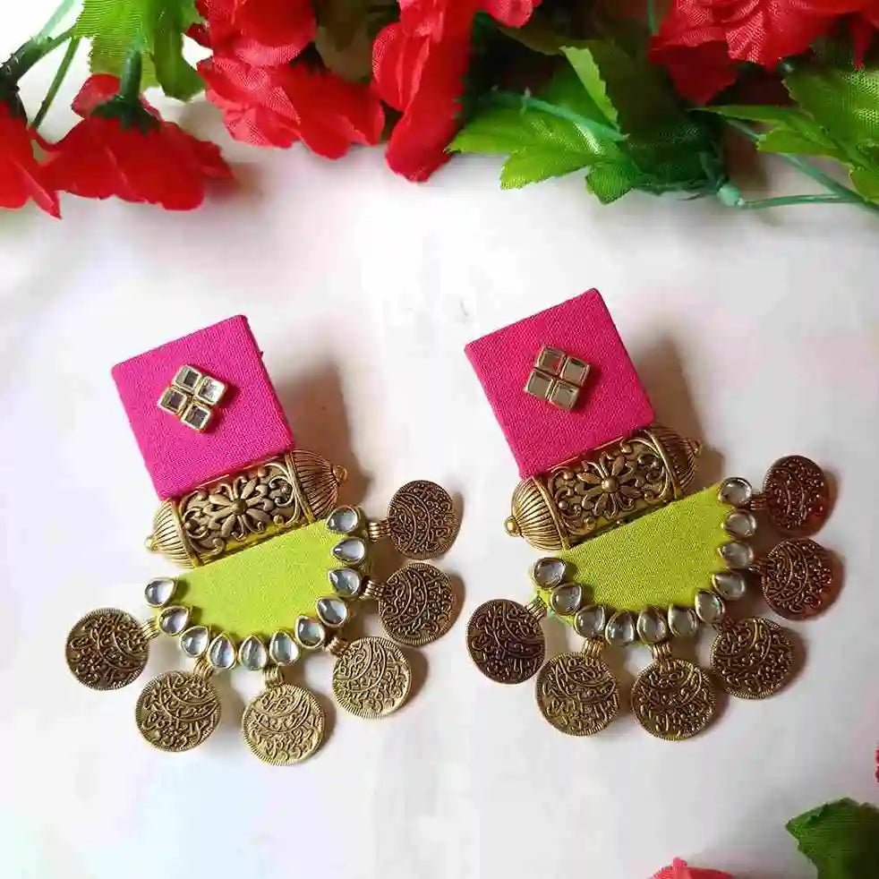 HANDMADE EARRINGS PINK & YELLOW GREEN DOVE [product_variant]- TelaNaari