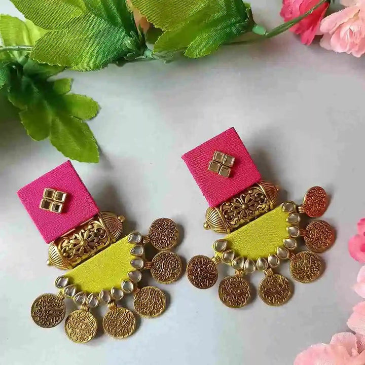 HANDMADE EARRINGS PINK & YELLOW GREEN DOVE [product_variant]- TelaNaari