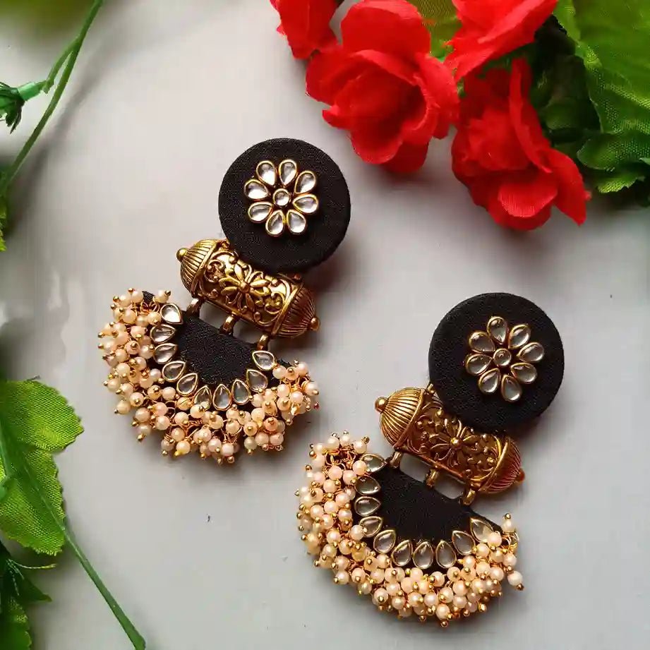 Telanaari Asmee Black Handmade Fabric Earrings – MDF Base, Ethnic Statement Jewelry - TelaNaari