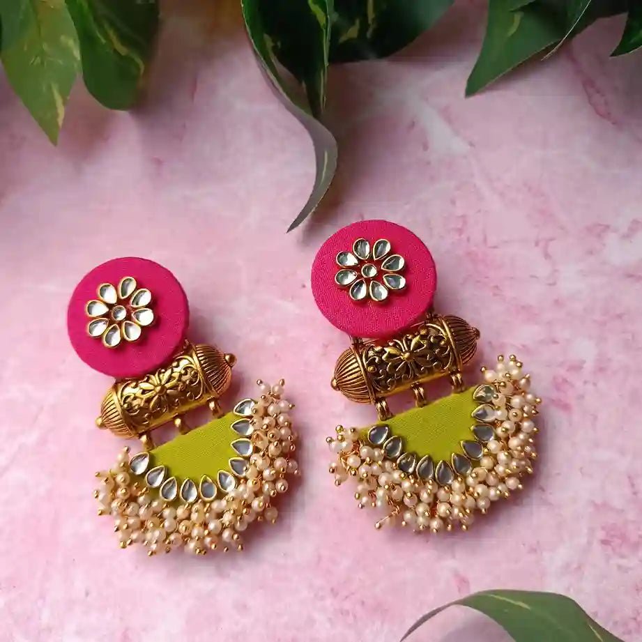 HANDMADE FABRIC EARRINGS ASMEE PINK AND YELLOW GREEN