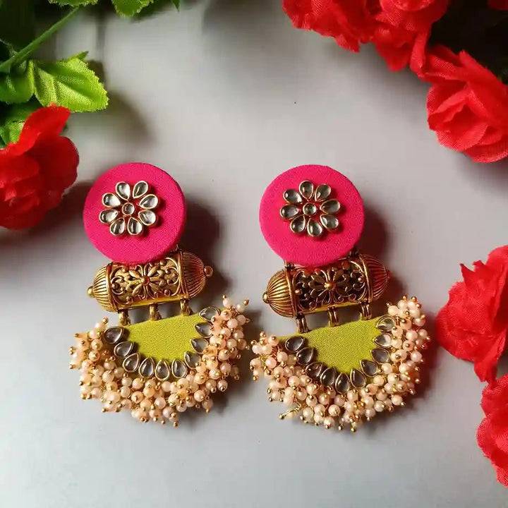 HANDMADE FABRIC EARRINGS ASMEE PINK AND YELLOW GREEN