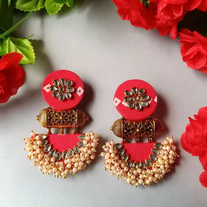 HANDMADE FABRIC EARRINGS ASMEE RED WHITE BANDHANI