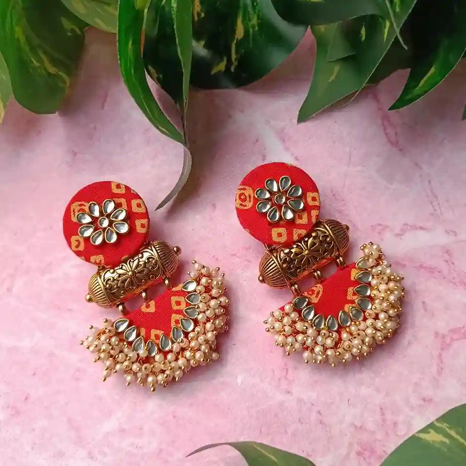 HANDMADE FABRIC EARRINGS ASMEE RED YELLOW BANDHANI