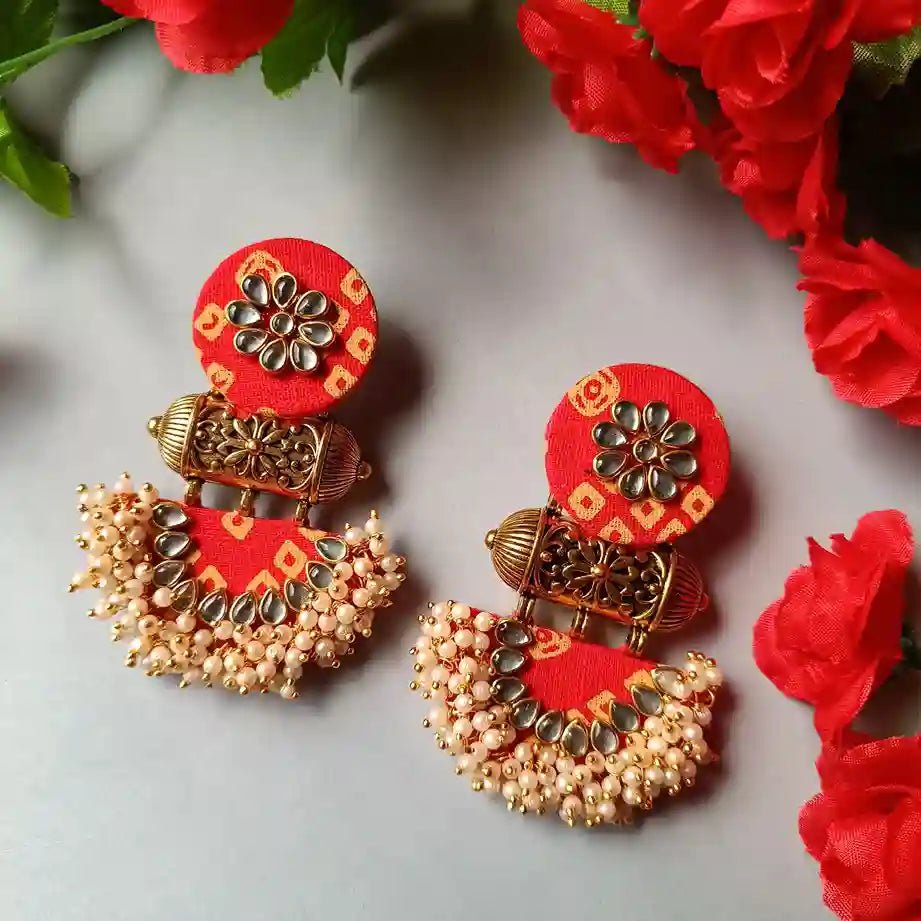 HANDMADE FABRIC EARRINGS ASMEE RED YELLOW BANDHANI