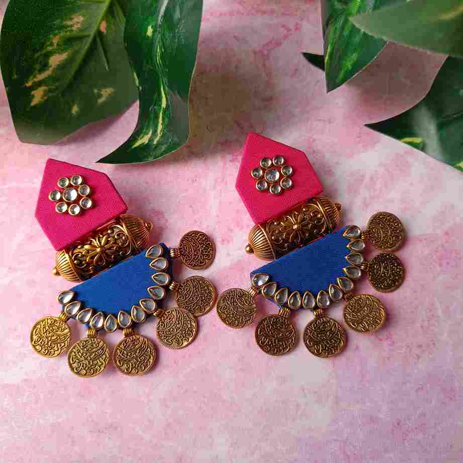 HANDMADE FABRIC EARRINGS MAITRI DARK PINK AND BLUE